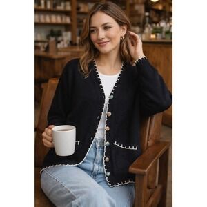 Black Cardigan Sweater Contrast Trim Button Front Cozy Chic Size L
